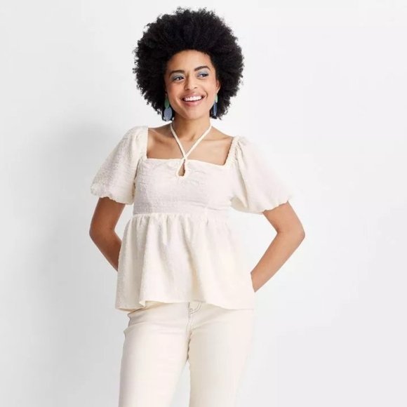 NWT - Women's 3X Square Tie Neck Puffed Short Sleeve Top - Future Collec… - Picture 1 of 4